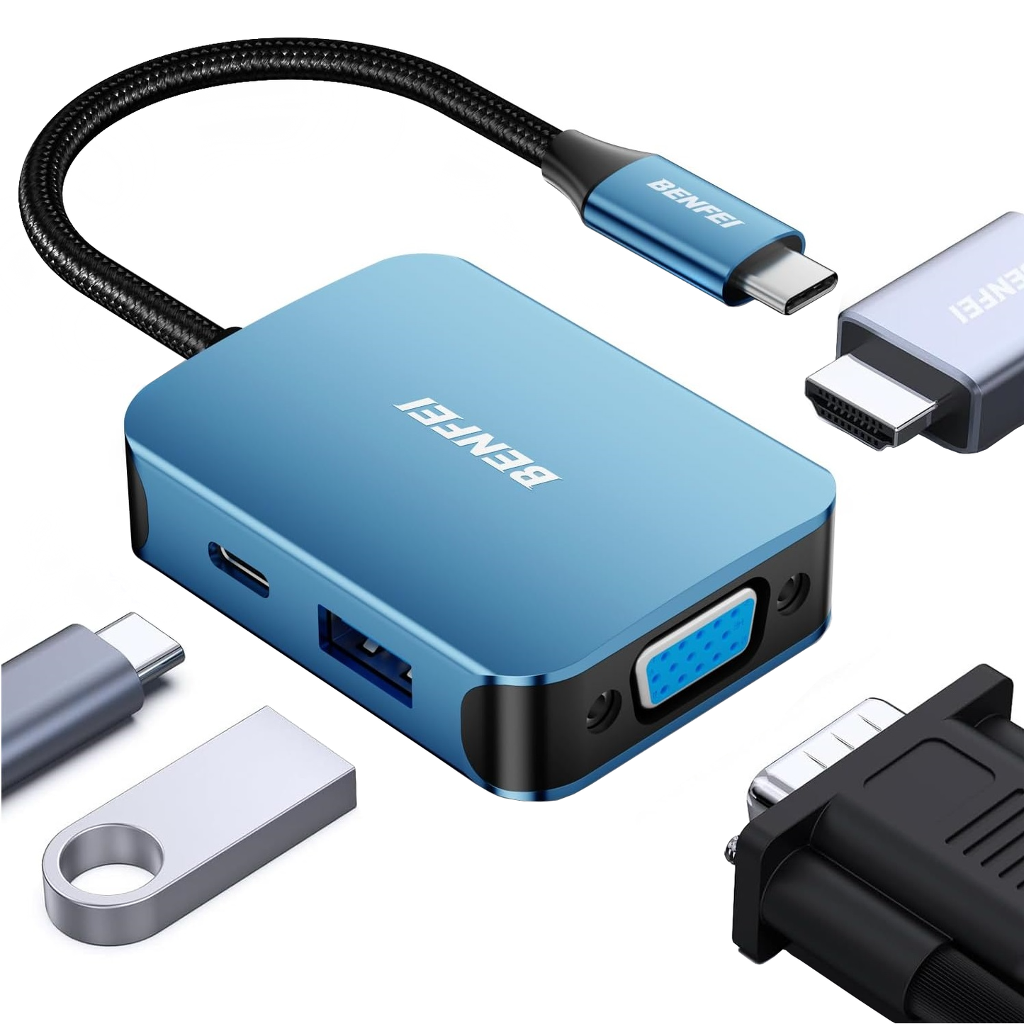 Benfei USB-C Hub, 1 x USB-A 3.0 - 1 x USB-C - 1 x HDMI - 1 x VGA, Blue
