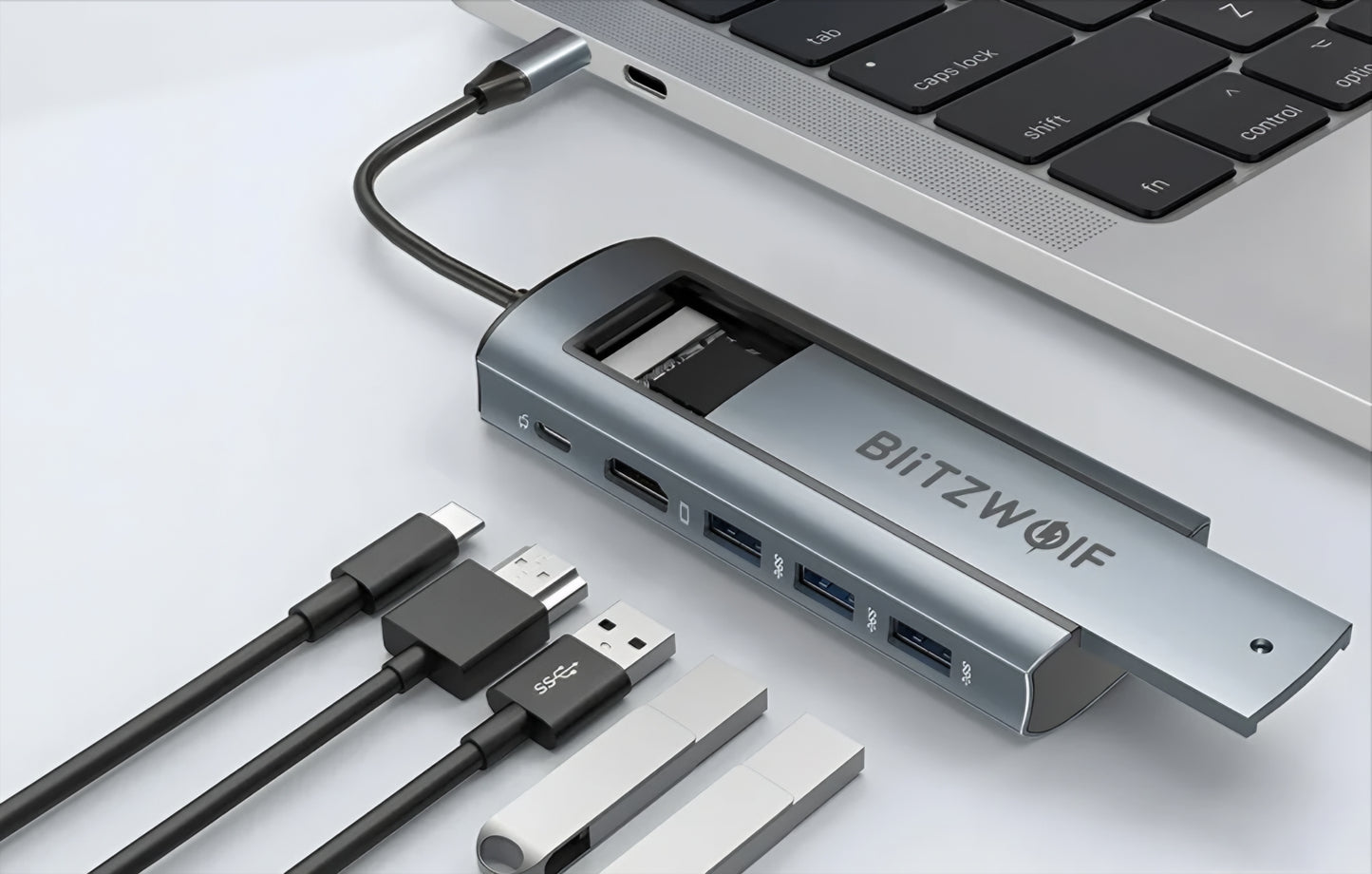 BlitzWolf BW-Neo TH13 USB-C Hub, 3 x USB-A 3.0 - 1 x USB-C - 1 x Display Port - 1 x SSD Interface, Gray