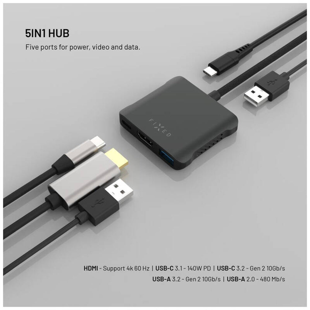 Fixed Quadri USB-C Hub, 5in1, Black