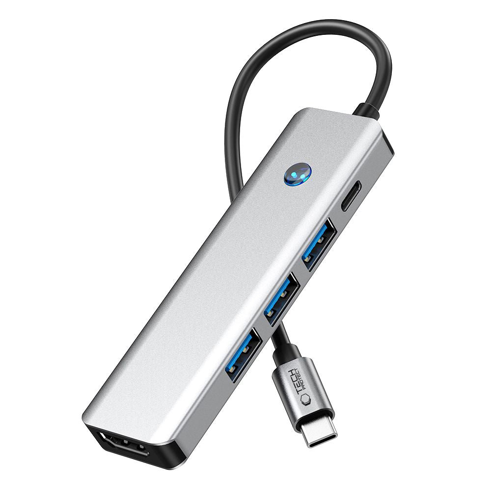 Tech-Protect HB01 USB-C Hub, 1 x USB-A 3.0 - 2 x USB-A - 1 x USB-C - 1 x HDMI, Gray