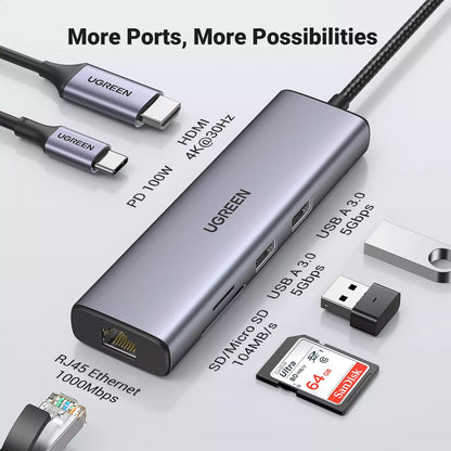 UGREEN CM512 USB-C Hub (90568), 2 x USB-A 3.0 - 1 x USB-C - 1 x HDMI - 1 x RJ45 - 1 x SD - 1 x microSD, Gray