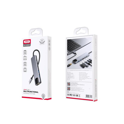 USB-C Hub XO Design HUB013, 1 x USB-A - 1 x USB-A 3.0 - 2 x USB-C - 1 x HDMI - 1 x RJ45, Gray