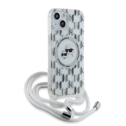 MagSafe Case for Apple iPhone 15, Karl Lagerfeld, IML Crossbody Monogram Karl & Choupette's Heads, Transparent