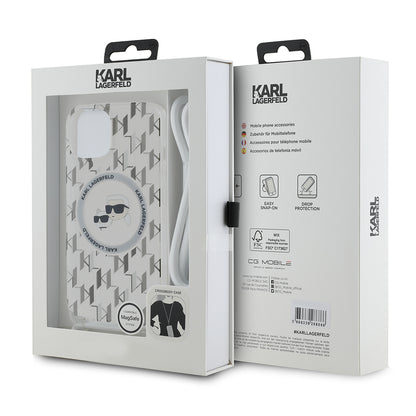 MagSafe Case for Apple iPhone 15, Karl Lagerfeld, IML Crossbody Monogram Karl & Choupette's Heads, Transparent