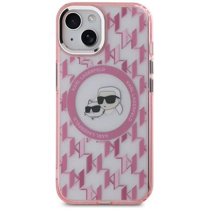 MagSafe Case for Apple iPhone 15, Karl Lagerfeld, IML Monogram Karl & Choupette's Heads, Pink