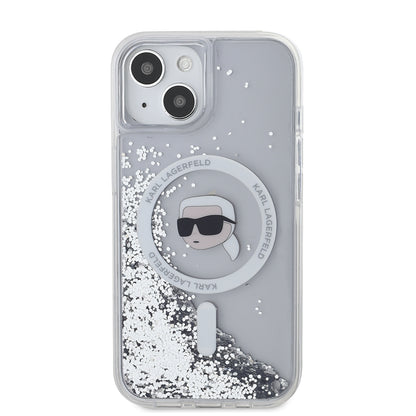 MagSafe Case for Apple iPhone 15, Karl Lagerfeld, Liquid Glitter Karl's Head, Transparent