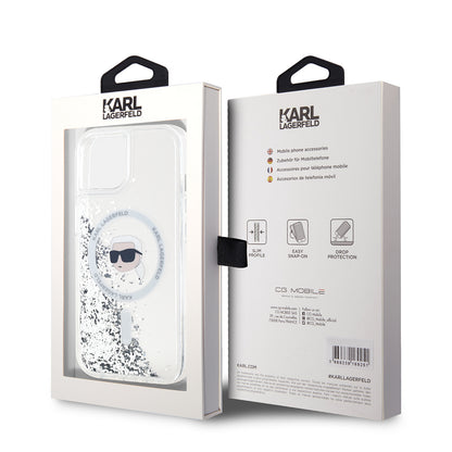MagSafe Case for Apple iPhone 15, Karl Lagerfeld, Liquid Glitter Karl's Head, Transparent