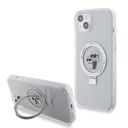 MagSafe Case for Apple iPhone 15 Plus, Karl Lagerfeld, Ringstand Karl and Choupette, White