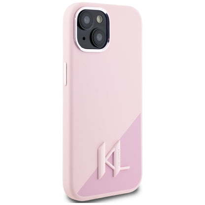 MagSafe Case for Apple iPhone 15, Karl Lagerfeld, Silicone Shadow Metal Initial, Pink