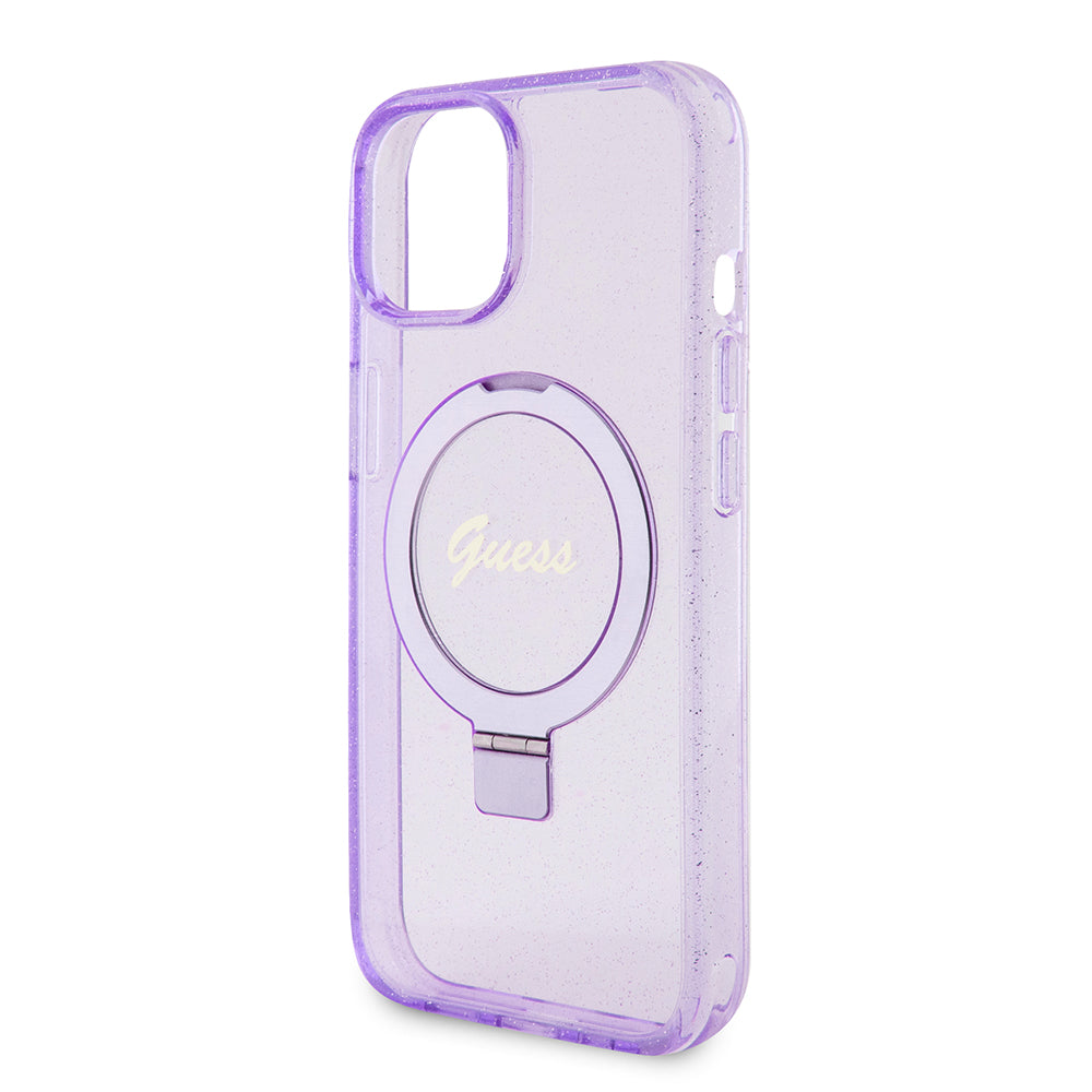 MagSafe Case for Apple iPhone 15 Plus, Guess, Ring Stand Script Glitter, Purple