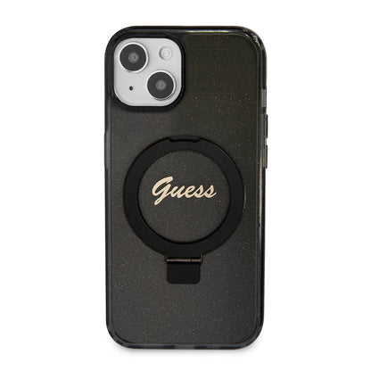 MagSafe Case for Apple iPhone 15 Plus, Guess, Ring Stand Script Glitter, Black