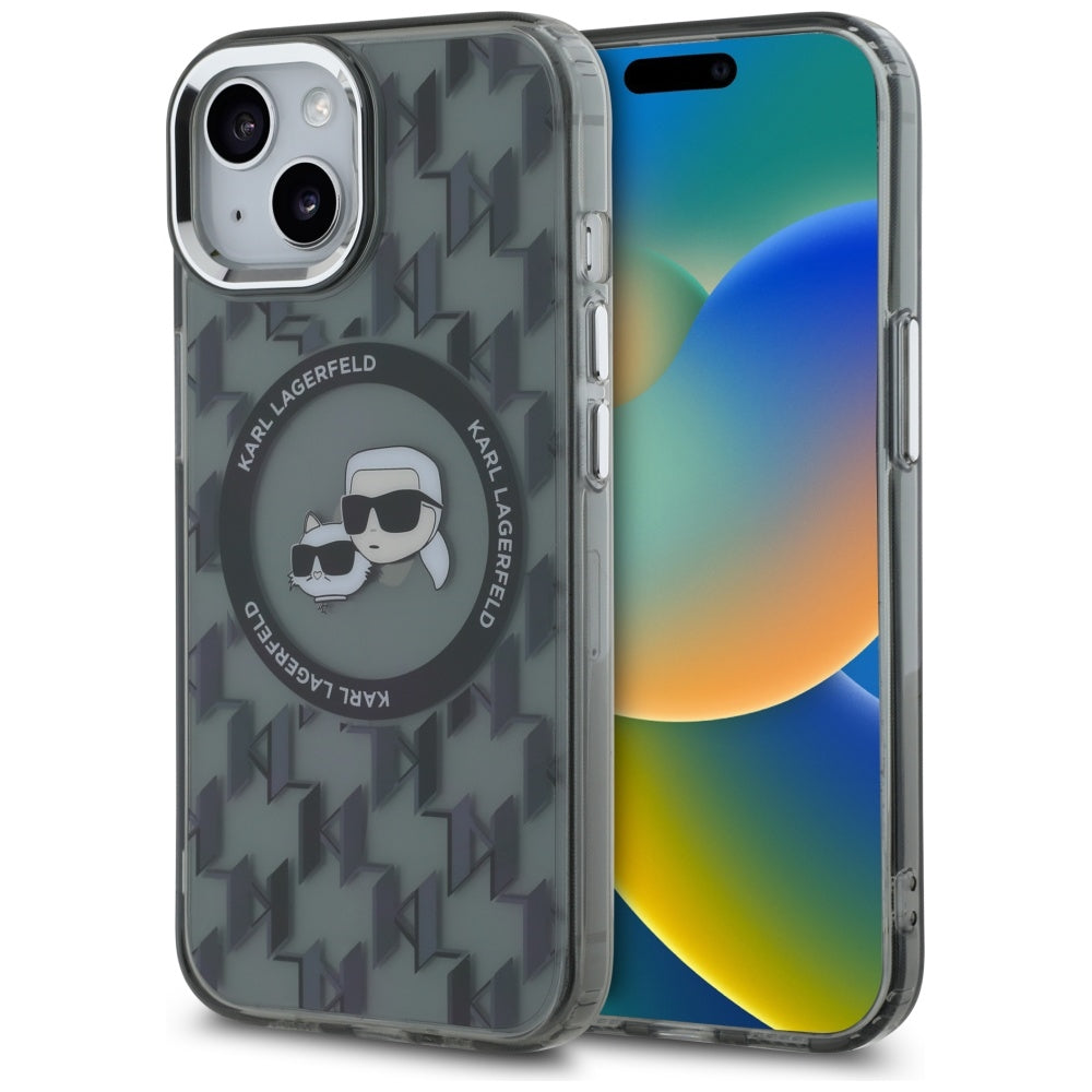 MagSafe Case for Apple iPhone 15 Plus, Karl Lagerfeld, IML Monogram Karl & Choupette's Heads, Black