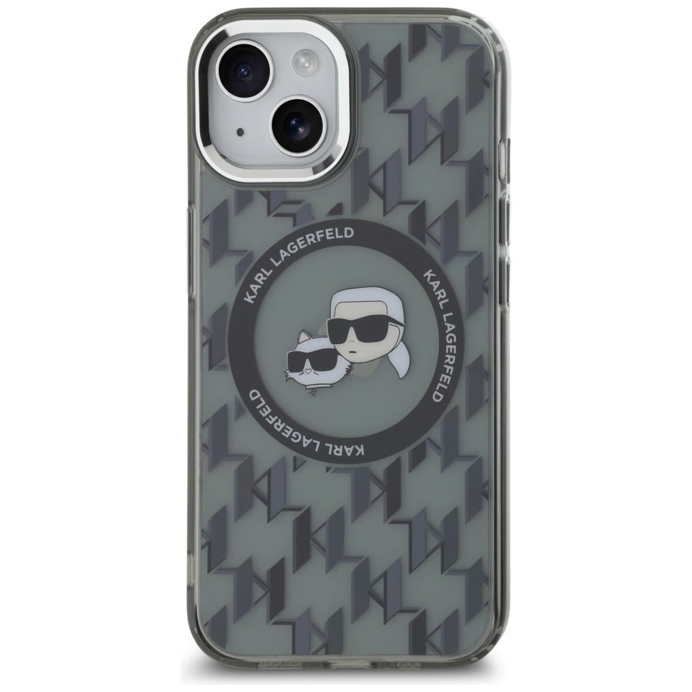 MagSafe Case for Apple iPhone 15 Plus, Karl Lagerfeld, IML Monogram Karl & Choupette's Heads, Black