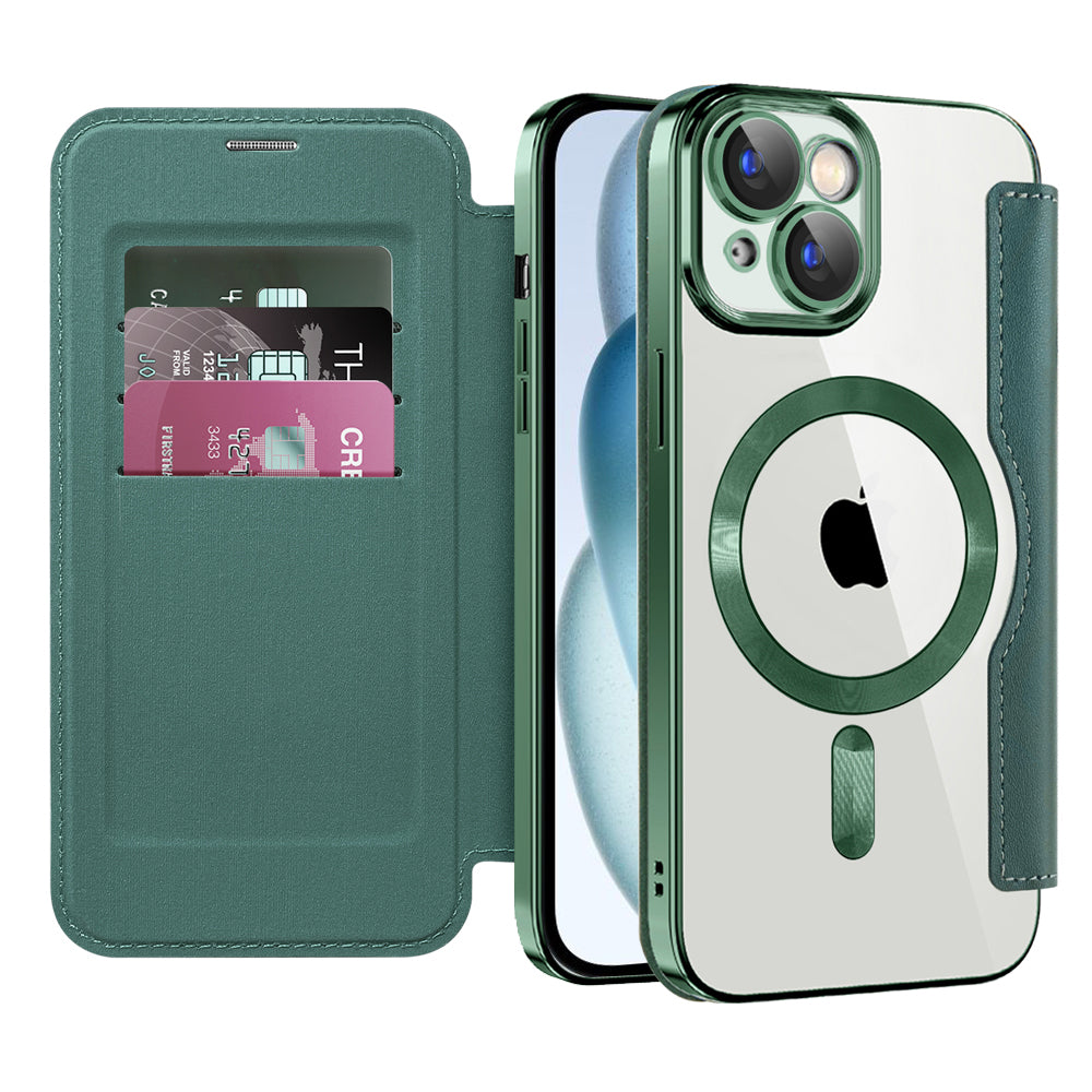 MagSafe Case for Apple iPhone 15 Plus, Techsuit, SmartMag Book, Green
