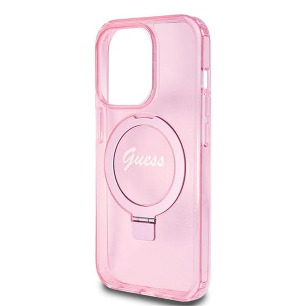 MagSafe Case for Apple iPhone 15 Pro, Guess, IML Ring Stand Glitter, Pink
