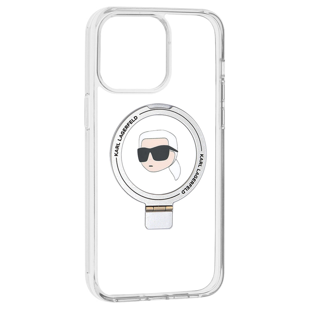 MagSafe Case for Apple iPhone 15 Pro Max, Karl Lagerfeld, Ring Stand Karl's Head, White