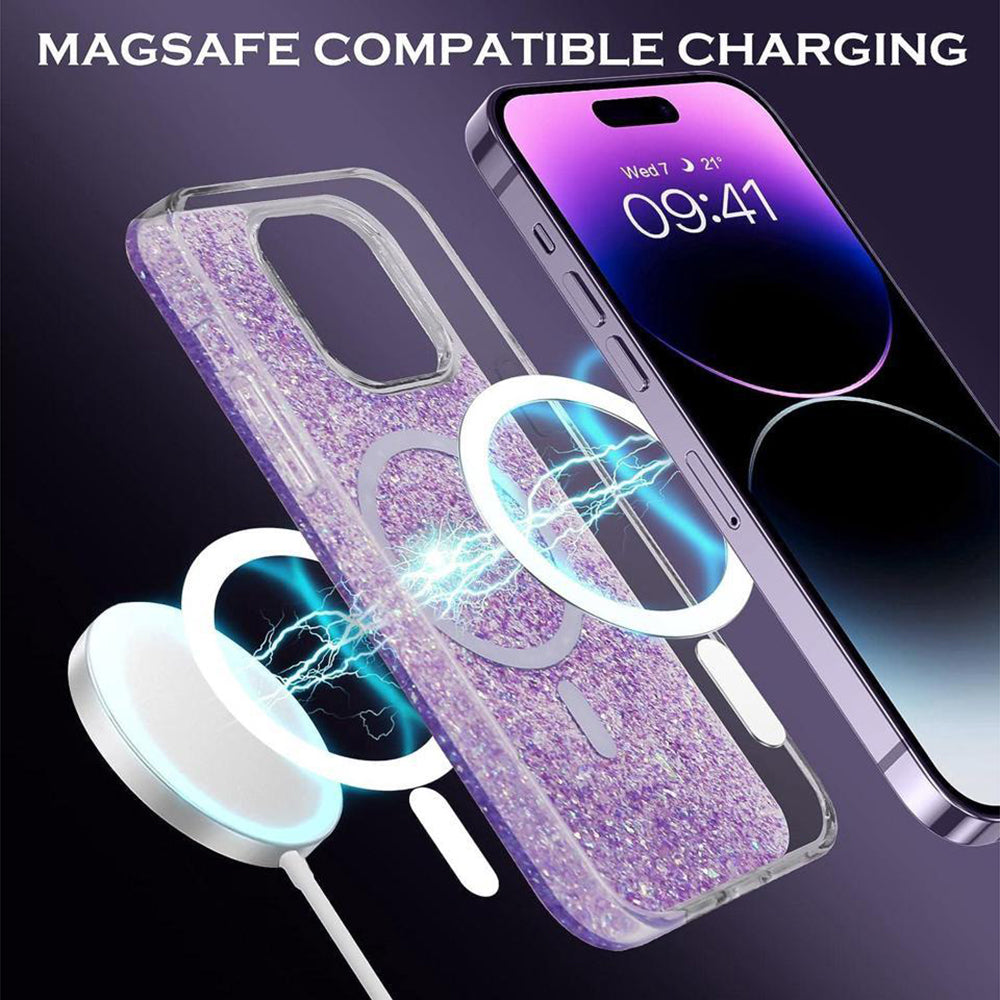 MagSafe Case for Apple iPhone 15 Pro, Techsuit, Sparkly Glitter, Blue