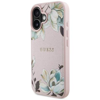 MagSafe Case for Apple iPhone 16, Guess, Grained Flowers, Pink