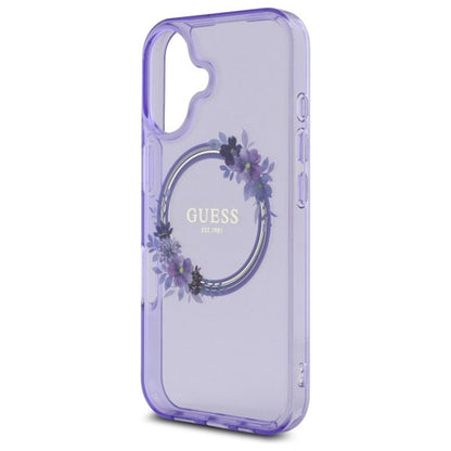 MagSafe Case for Apple iPhone 16, Guess, IML Flowers Wreath, Purple