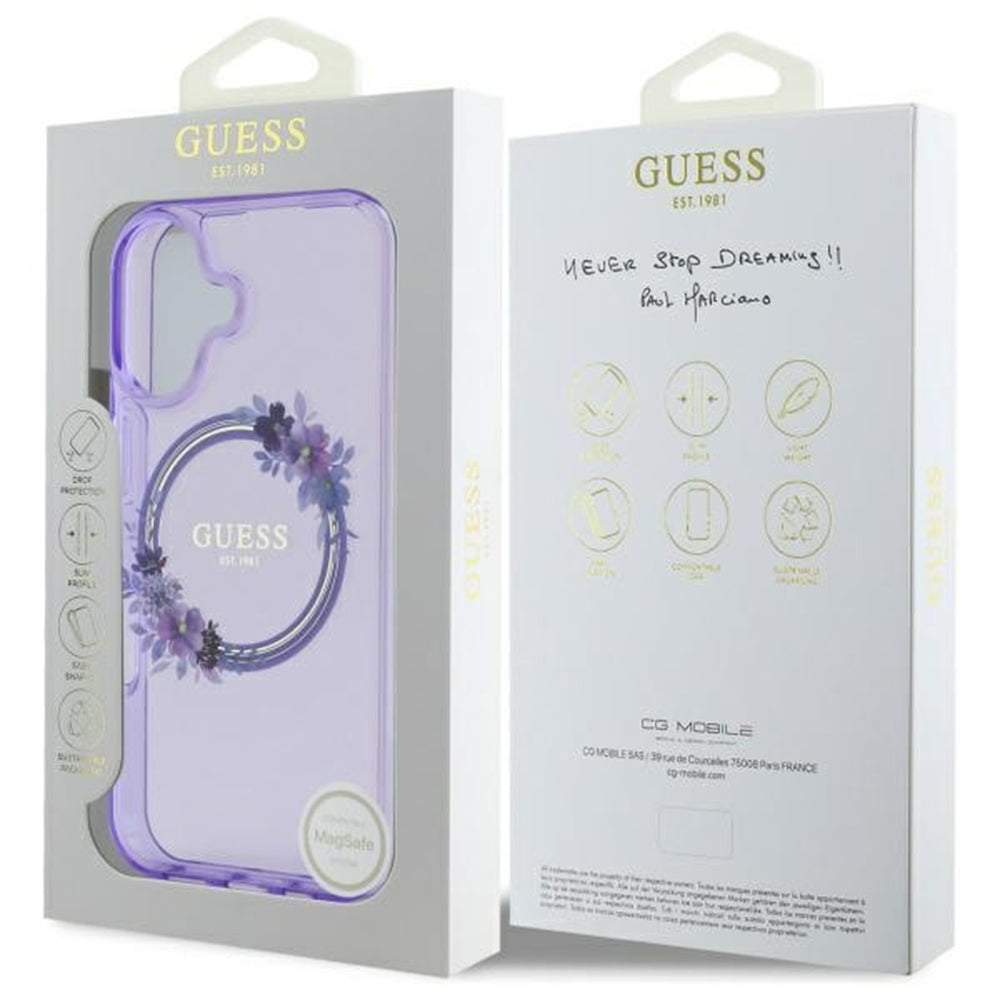 MagSafe Case for Apple iPhone 16, Guess, IML Flowers Wreath, Purple