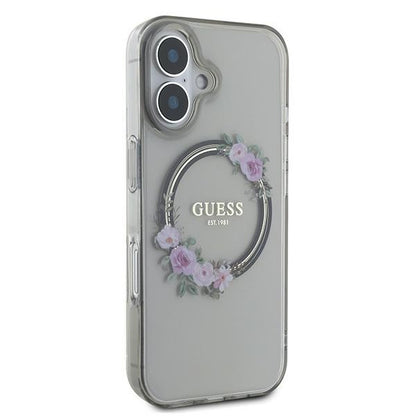 MagSafe Case for Apple iPhone 16, Guess, IML Flowers Wreath, Black