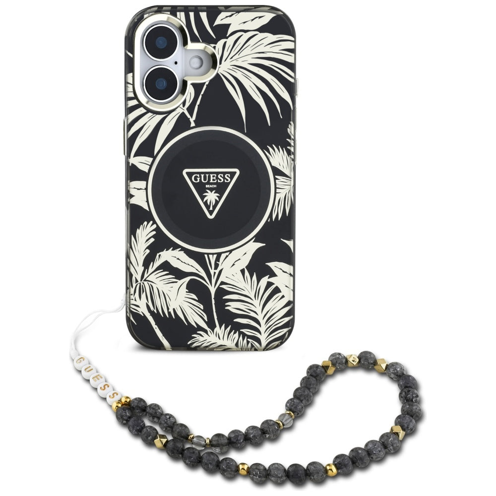 MagSafe Case for Apple iPhone 16, Guess, IML Palm Trees Triangle with Pearl Strap, Black