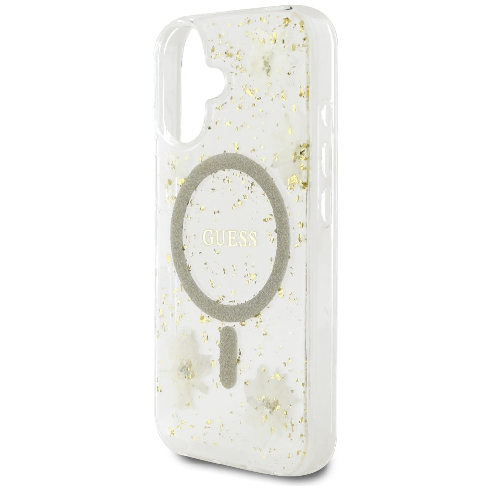 MagSafe Case for Apple iPhone 16, Guess, Resin Flowers and Glitter, Beige