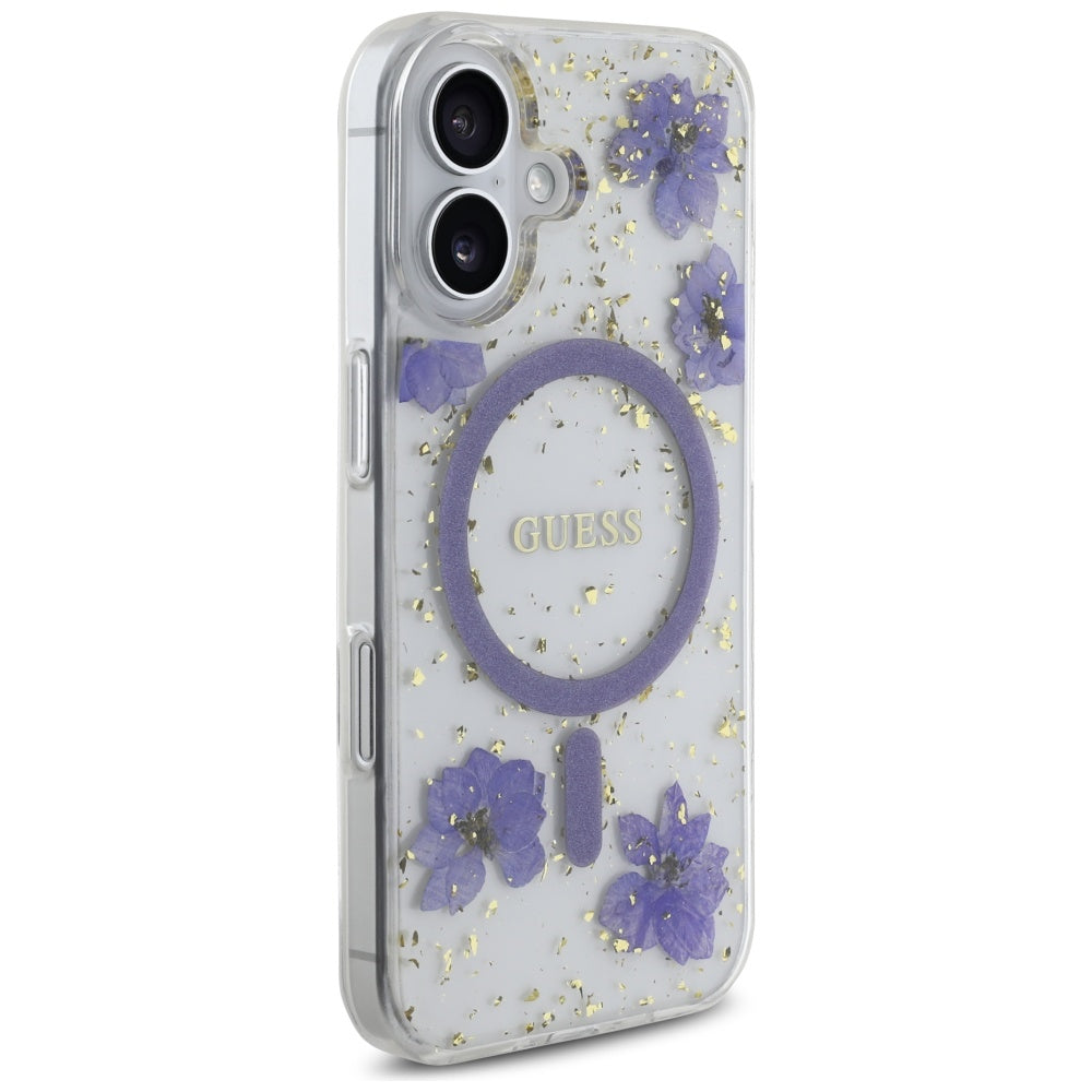 MagSafe Case for Apple iPhone 16, Guess, Resin Flowers and Glitter, Purple