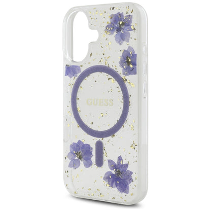 MagSafe Case for Apple iPhone 16, Guess, Resin Flowers and Glitter, Purple