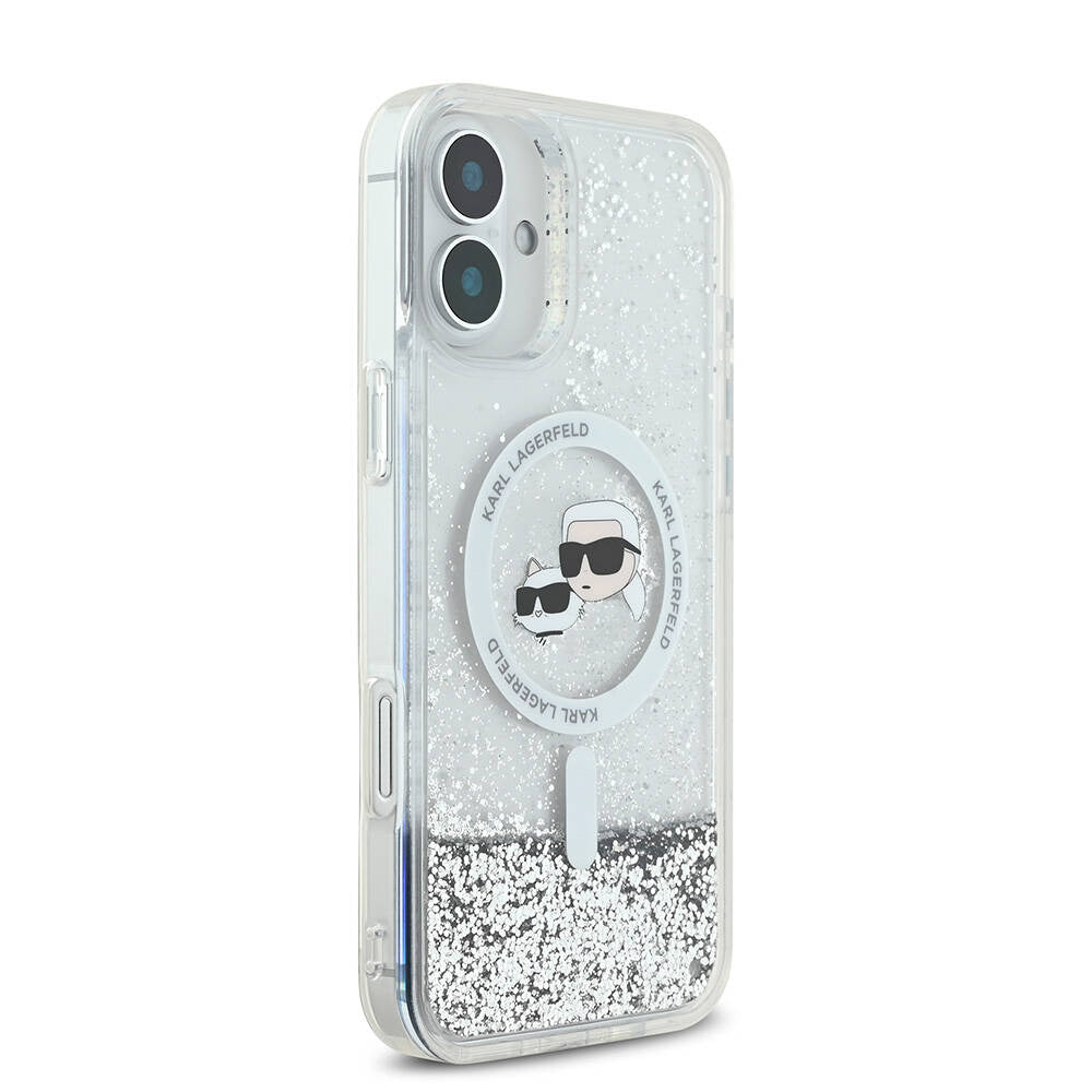 MagSafe Case for Apple iPhone 16, Karl Lagerfeld, Glitter Liquid Karl & Choupette's Heads, Transparent