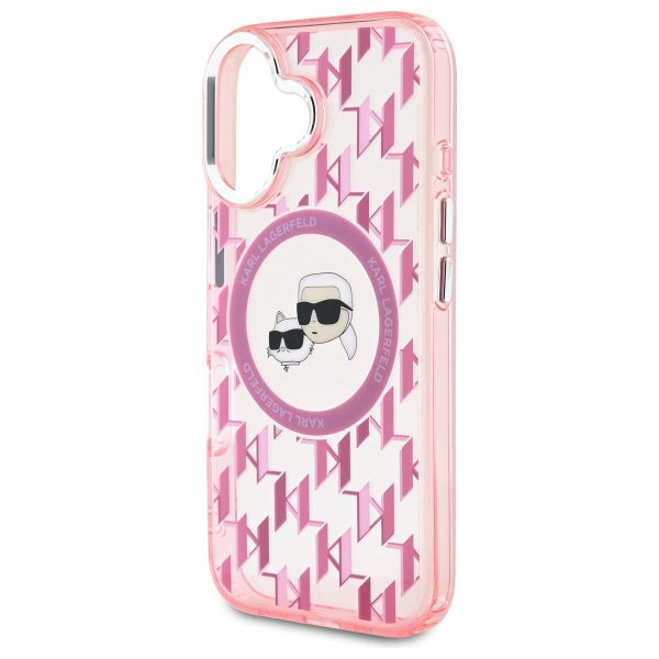 MagSafe Case for Apple iPhone 16, Karl Lagerfeld, IML Monogram Karl & Choupette's Heads, Pink