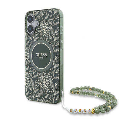 MagSafe Case for Apple iPhone 16 Plus, Guess, IML Flowers Allover Electroplated with Pearl Strap, Green