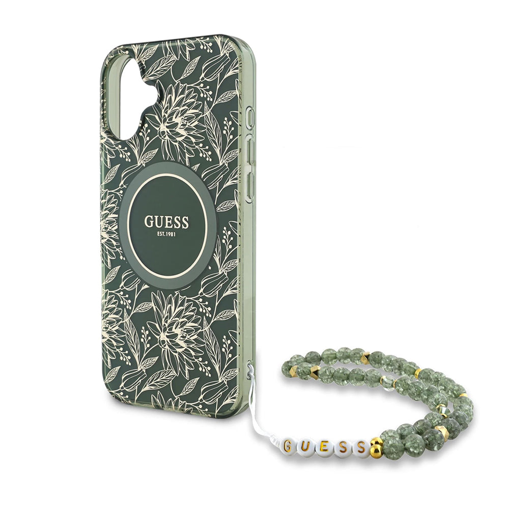 MagSafe Case for Apple iPhone 16 Plus, Guess, IML Flowers Allover Electroplated with Pearl Strap, Green