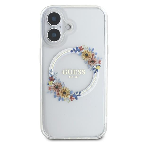 MagSafe Case for Apple iPhone 16 Plus, Guess, IML Flowers Wreath, Transparent