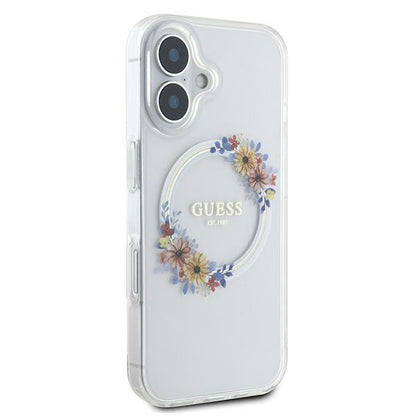 MagSafe Case for Apple iPhone 16 Plus, Guess, IML Flowers Wreath, Transparent