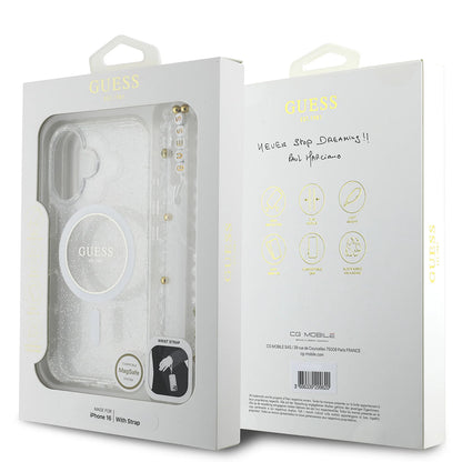 MagSafe Case for Apple iPhone 16 Plus, Guess, IML Glitter with Pearl Strap, Transparent