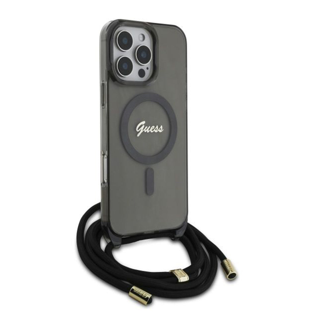 MagSafe Case for Apple iPhone 16 Pro, Guess, IML Crossbody Cord Script, Black