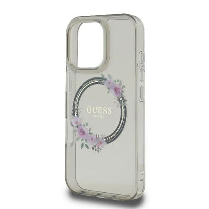 MagSafe Case for Apple iPhone 16 Pro, Guess, IML Flowers Wreath, Black