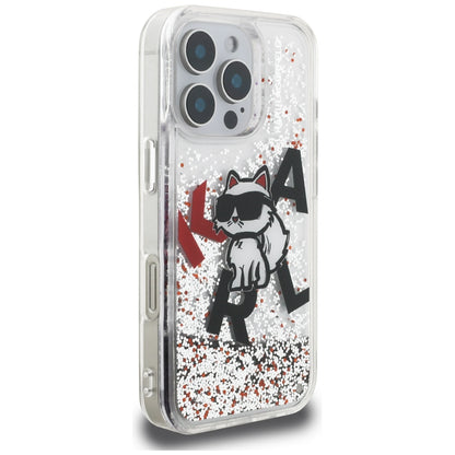 MagSafe Case for Apple iPhone 16 Pro, Karl Lagerfeld, Liquid Glitter Choupette Logo, Transparent