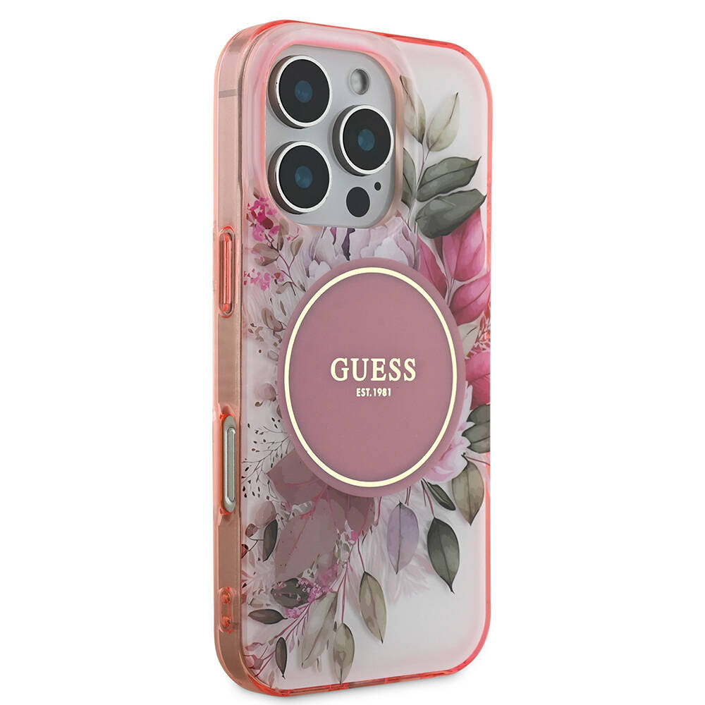 MagSafe Case for Apple iPhone 16 Pro Max, Guess, IML Flower & Tonal Circle, Pink