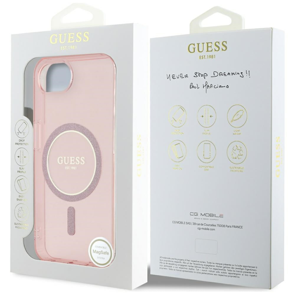 MagSafe Case for Apple iPhone 16e, Guess, IML Glitter Circle, Pink