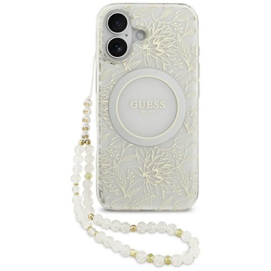 MagSafe Case for Apple iPhone 17, Guess, IML Flowers with Pearl Strap, White