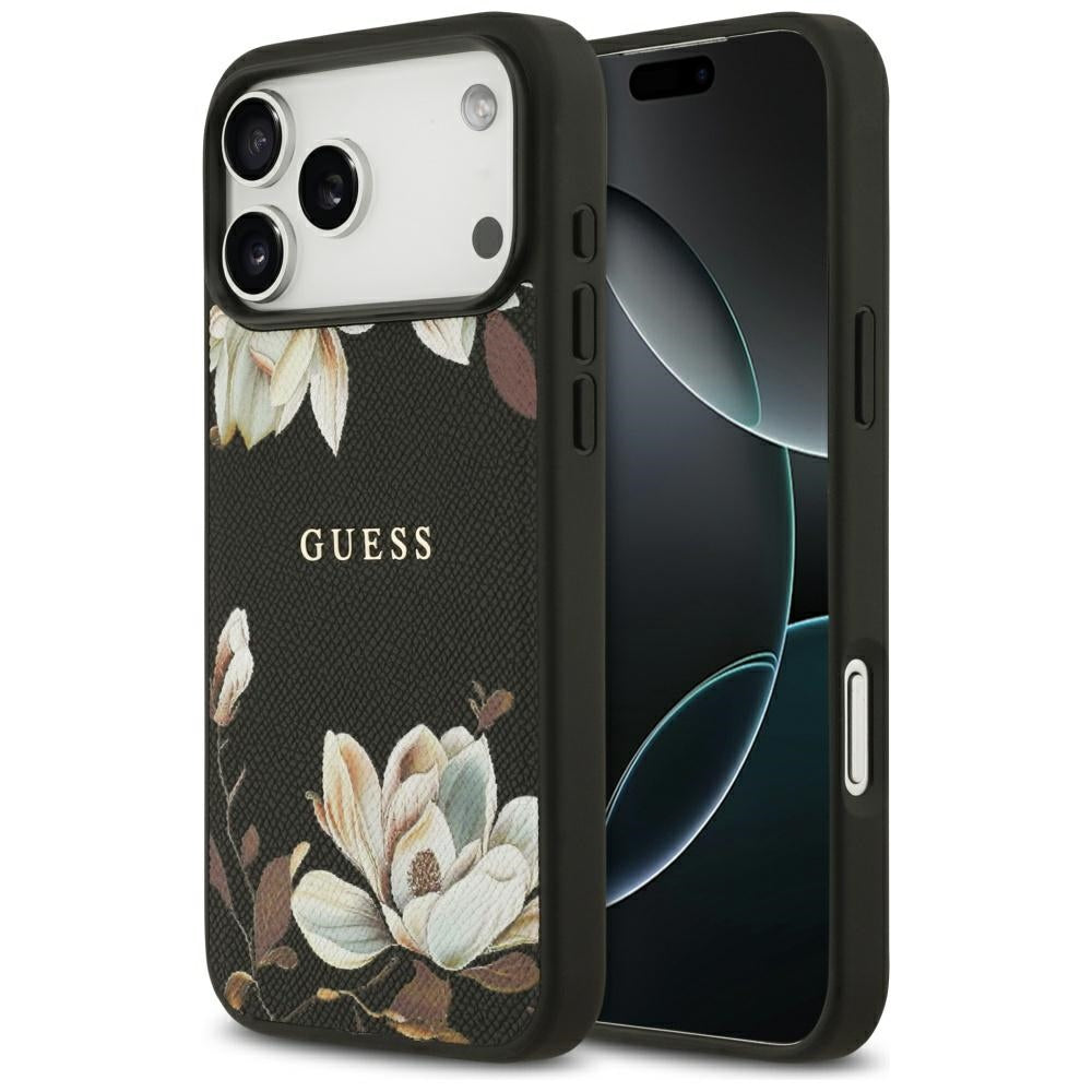 MagSafe Case for Apple iPhone 17 Pro Max, Guess, Grained Flowers, Black