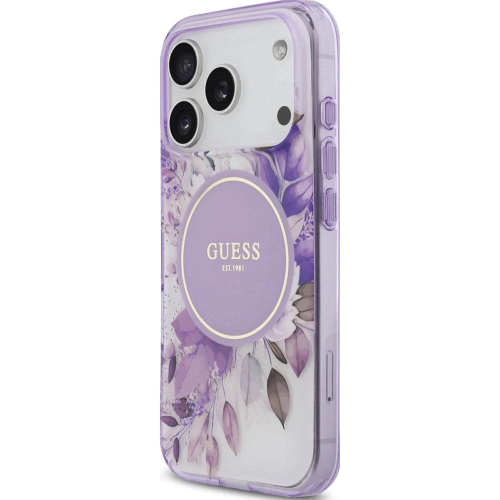 MagSafe Case for Apple iPhone 17 Pro Max, Guess, IML Flower & Tonal Circle, Purple