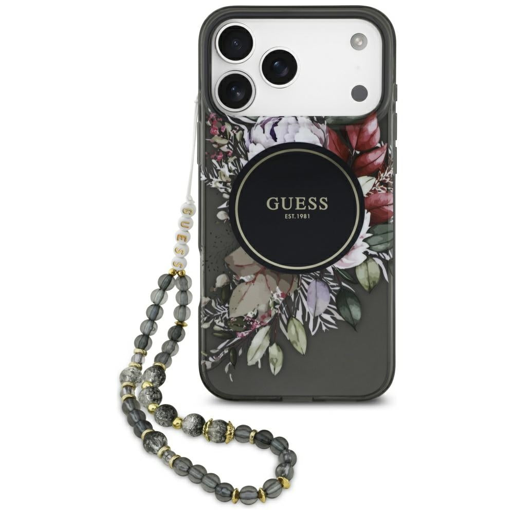 MagSafe Case for Apple iPhone 17 Pro Max, Guess, IML Flowers with Pearl Strap, Black