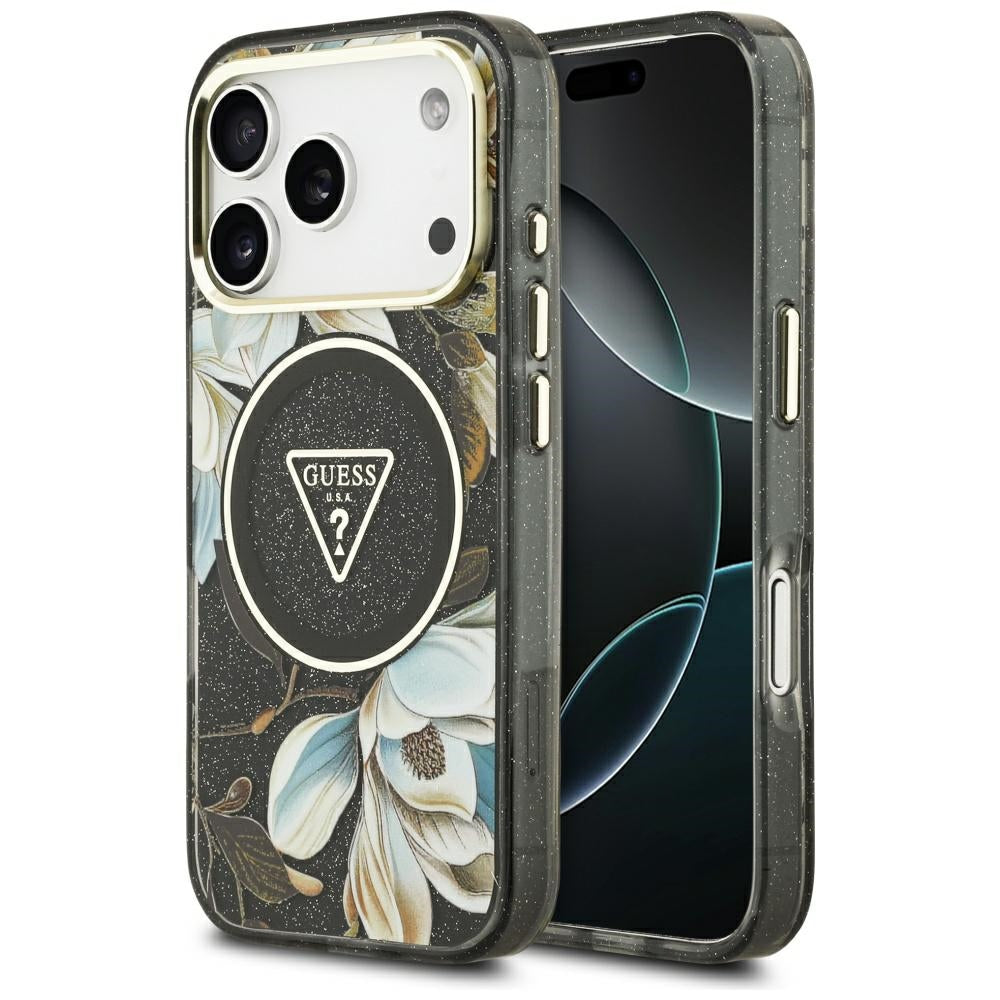 MagSafe Case for Apple iPhone 17 Pro Max, Guess, IML Metal Glitter Flowers Triangle, Black