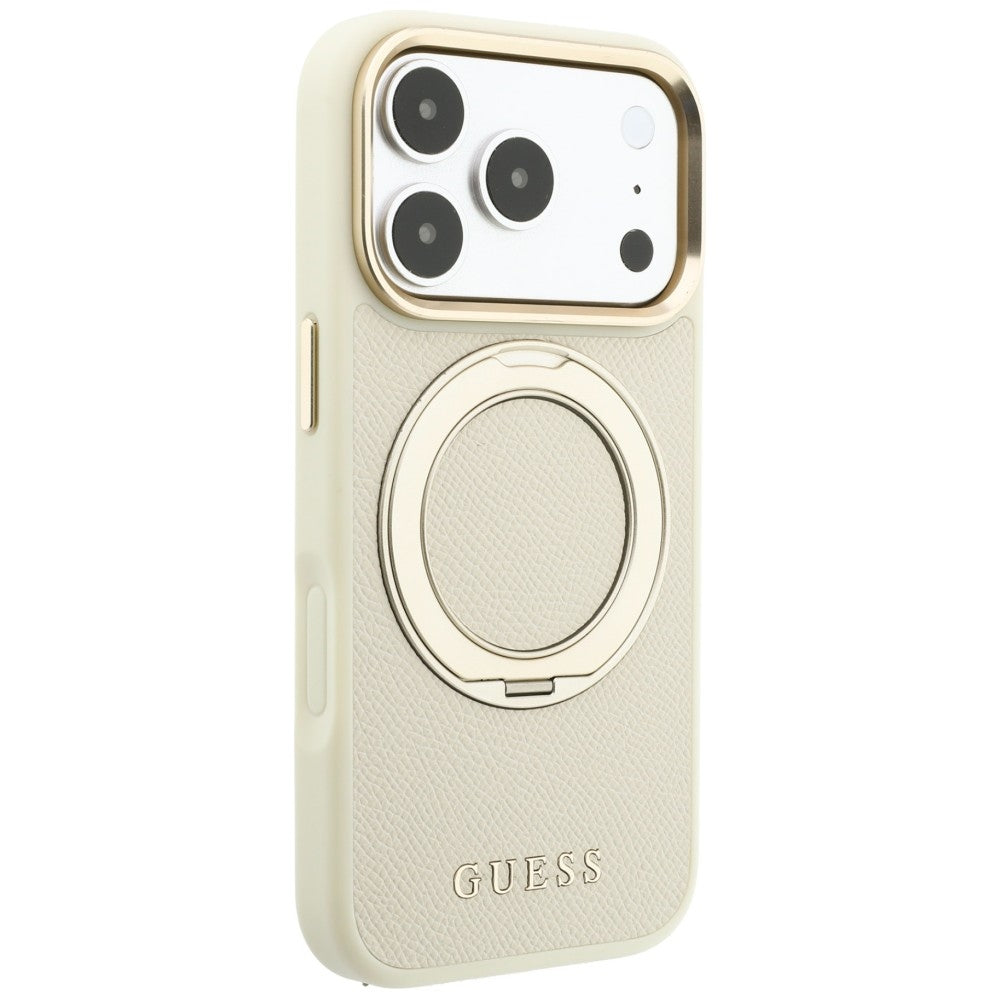 MagSafe Case for Apple iPhone 18 Pro / 17 Pro, Guess, Grained Ring Stand 360 Classic, Beige
