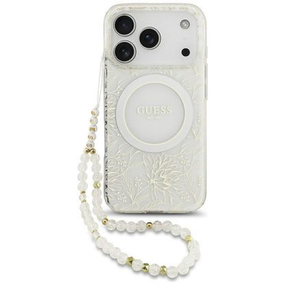 MagSafe Case for Apple iPhone 18 Pro / 17 Pro, Guess, IML Flowers Electroplated with Pearl Strap, White