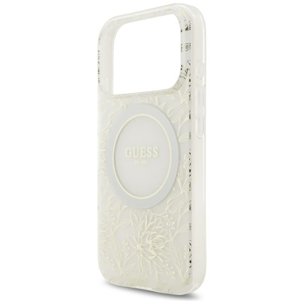 MagSafe Case for Apple iPhone 18 Pro / 17 Pro, Guess, IML Flowers Electroplated with Pearl Strap, White