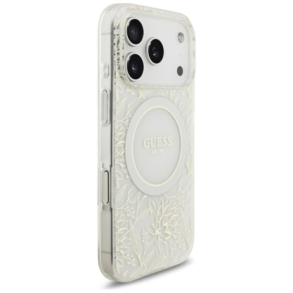 MagSafe Case for Apple iPhone 18 Pro / 17 Pro, Guess, IML Flowers Electroplated with Pearl Strap, White